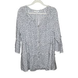 BeachLunchLounge White & Black Ruffled Tiered Floral Split Button Up Top Size M